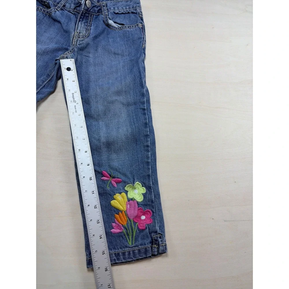 Gymboree Girls Size 7 Blue Jeans Floral Dragonfly Embroidered Denim crop /capri